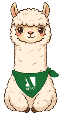 A cartoon image of an alpaca wearing a green ALPSP branded bandana around its neck.