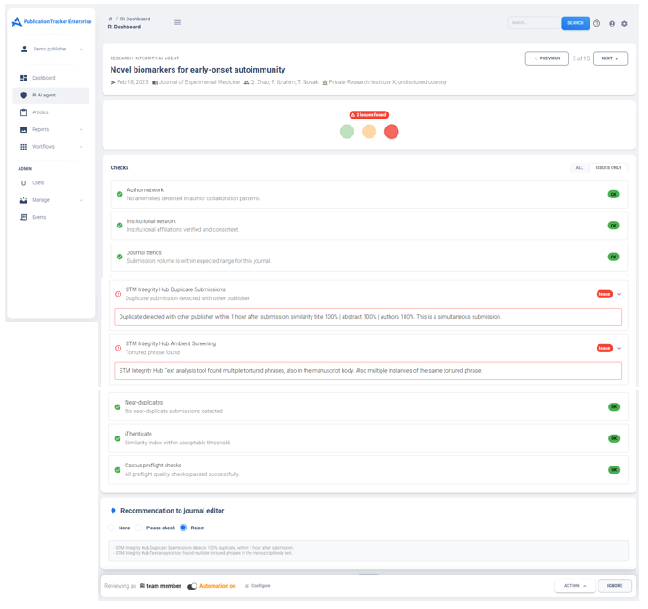 Screenshot Research Integrity AI Agent in Publication Tracker